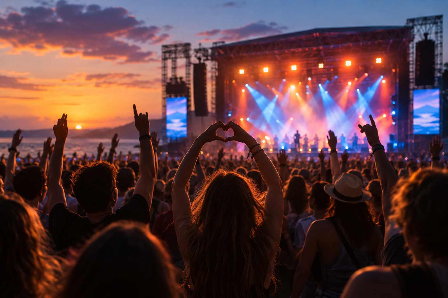 A crowd enjoying a concert beneath colourful stage lights