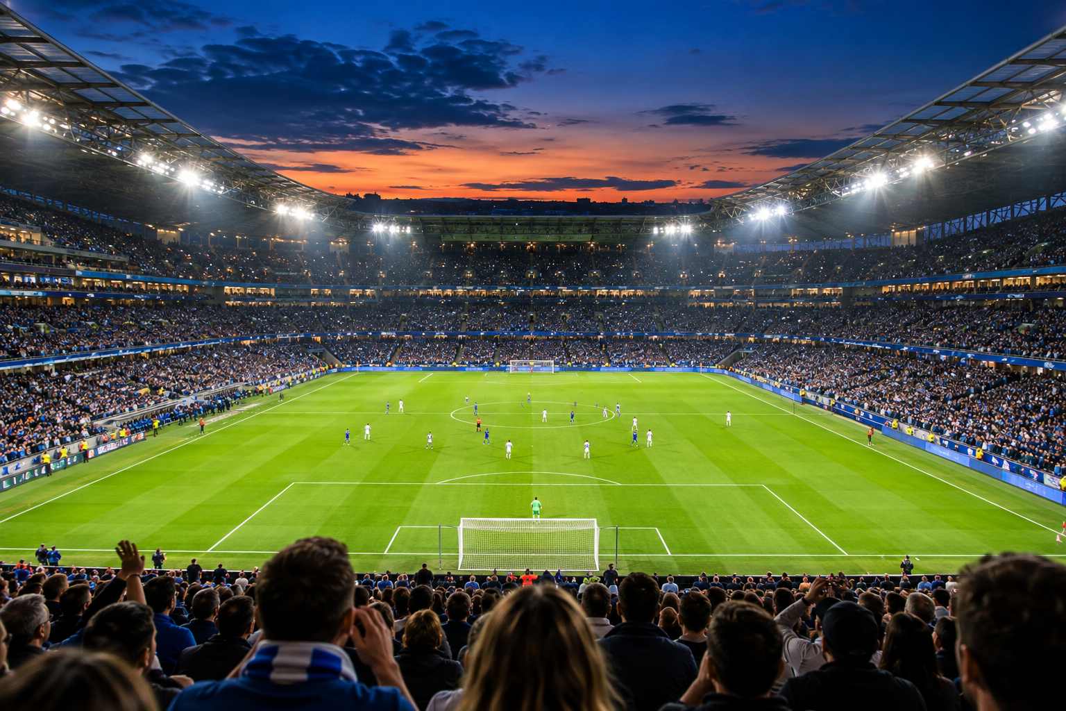 An illuminated football stadium at sunset